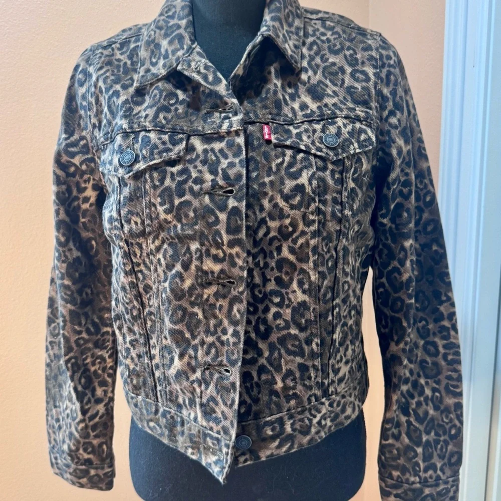 Levi's Premium Brown Black Leopard Print Denim Small Jean Jacket - Picture 1 of 7